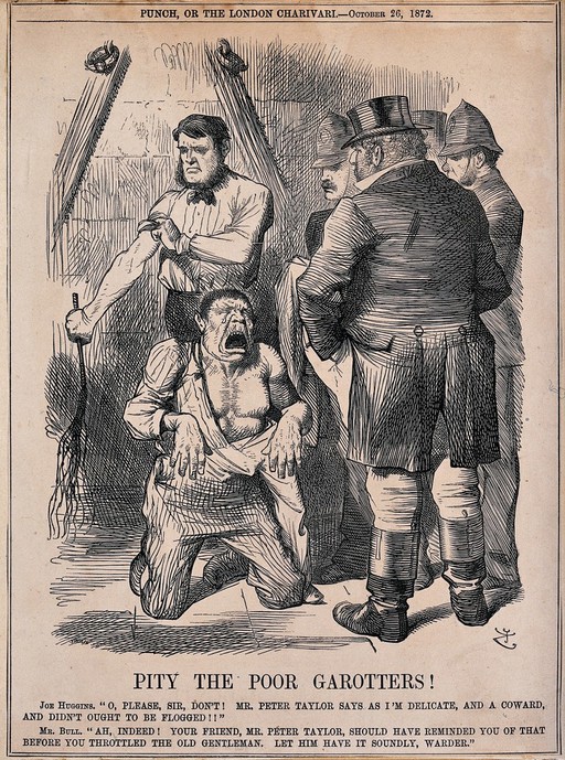 Joe Huggins, condemned for throttling an old gentleman, is stripped to the waist and kneeling before policemen pleading for mercy while the executioner is rolling up the sleeves of his shirt to begin with the flogging. Wood engraving by J. Swain after Sir J. Tenniel, 1872.