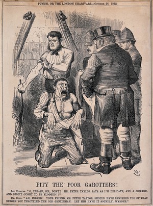 view Joe Huggins, condemned for throttling an old gentleman, is stripped to the waist and kneeling before policemen pleading for mercy while the executioner is rolling up the sleeves of his shirt to begin with the flogging. Wood engraving by J. Swain after Sir J. Tenniel, 1872.