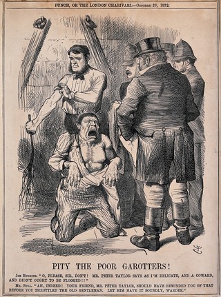 Joe Huggins, condemned for throttling an old gentleman, is stripped to the waist and kneeling before policemen pleading for mercy while the executioner is rolling up the sleeves of his shirt to begin with the flogging. Wood engraving by J. Swain after Sir J. Tenniel, 1872.