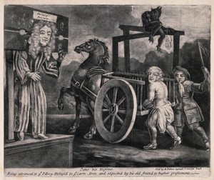 view Titus Oates is standing in the pillory while two men drive a cart with gallows past him. Mezzotint.