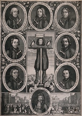 Titus Oates standing in the pillory surrounded by medaillons of people executed as a result of the Popish Plot in 1678. Etching with engraving.