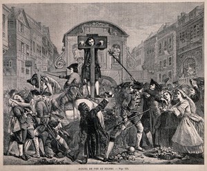 view Daniel Defoe is standing in the pillory while soldiers have to restrain crowds from throwing flowers at him. Wood engraving.