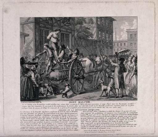 John Malcolm is seized by an unruly crowd in Boston, lifted into a cart and from there pulled up to a window with ropes. Engraving by F. Godefroy.