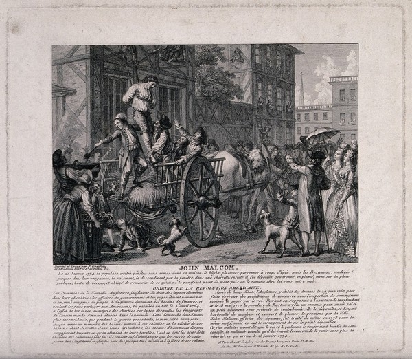 Boston, Massachusetts: John Malcolm, a customs official, is lowered by ropes from his house on to a cart and tarred and feathered by a crowd protesting against taxation. Engraving by F. Godefroy, 1784.