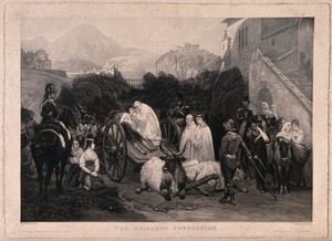 view A brigand on his cart to execution confesses to the priest. Mezzotint by H. Dawe after H. Vernet, 1833.