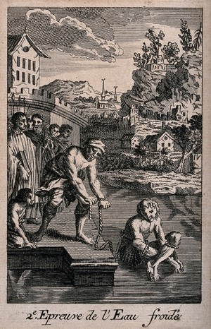 view The cold-water ordeal: a man is tortured by being tied with rope and lowered into cold water. Etching.