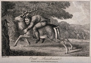 view A man is tortured by being tied with hands and feet to a fleeing stag. Etching by W.S. Howitt, 1800.