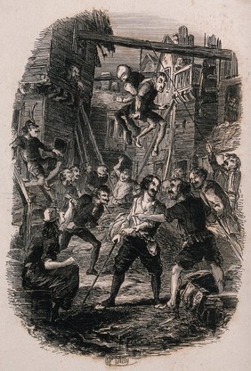 A group of men embroiled in a fight in the street while two men are tied up with rope and suspended from a beam across the street. Etching by A. Ashley.