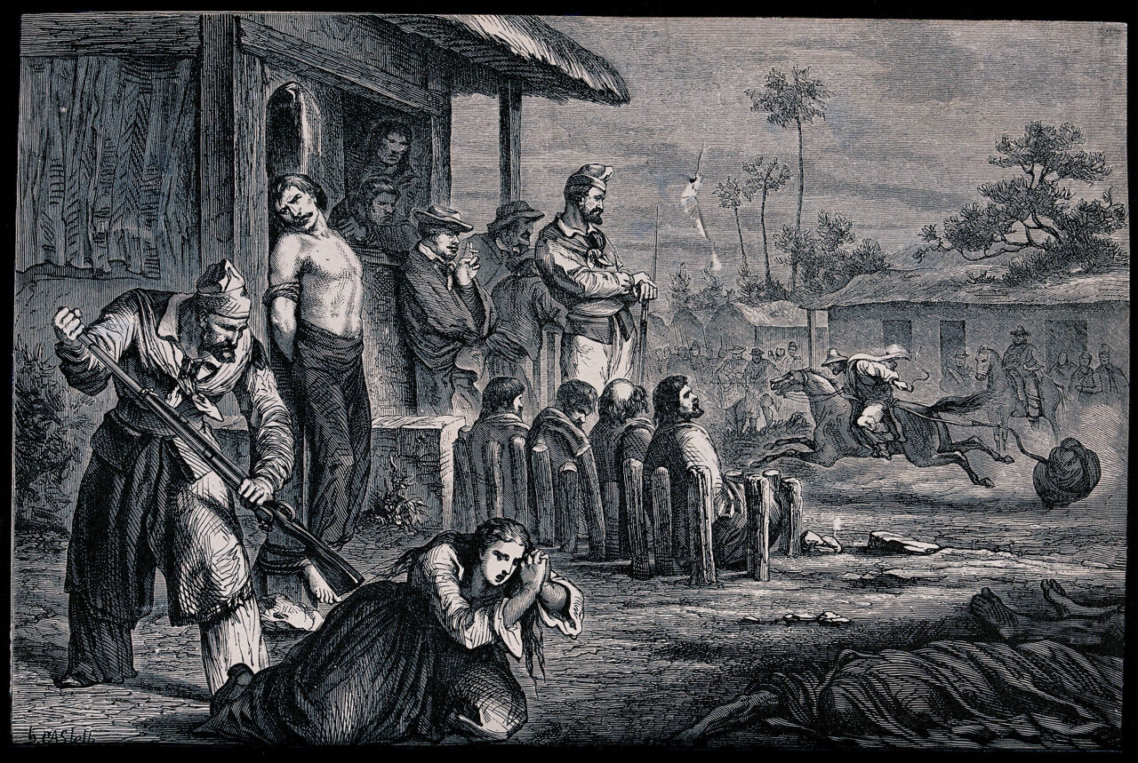 A variety of methods of torture: a man has been rolled into a carpet and is dragged to death by a horse, a woman is hit with a rifle-butt and a man is tied to a post outside a hut. Wood engraving by A.F. Pannemaker after B. Castelli., by Bernardino Castelli
