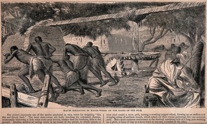 view Slaves irrigating by water-wheel on the banks of the Nile. Wood engraving.