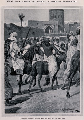 A moorish offender is tortured by being placed backwards on an ass and dragged through town in this position. Line block after R.C. Woodville, 1907.