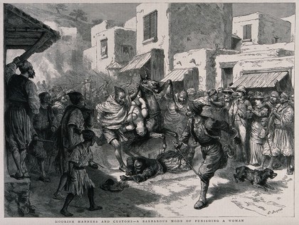 A woman being tortured by being strapped naked onto a horse and dragged through a town. Wood engraving after G. Durand.