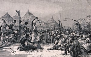 view African villagers sitting in a square watching the spectacle of a young man having his hand chopped off with a sword. Wood engraving by Barbant after Riou.