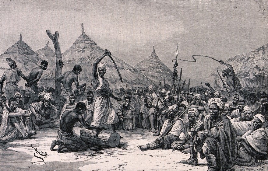 African villagers sitting in a square watching the spectacle of a young man having his hand chopped off with a sword. Wood engraving by Barbant after Riou.