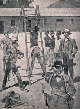 An African man is punished by Boers: he is tied by his wrists and ankles to a ladder and flogged with a cat-o'nine-tails. Line block.