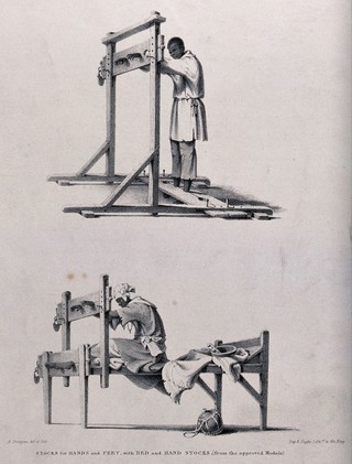 Two different types of stocks: the above confines the hands and feet of the culprit standing upright; the model below confines the hands and feet while the culprit is seated. Chalk lithograph by R. Bridgens.