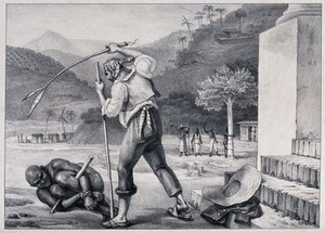 view A white man in Brazil whipping a black man who has been tied up and lies before him on the ground. Chalk lithograph after J.B. Debret.