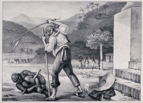 A white man in Brazil whipping a black man who has been tied up and lies before him on the ground. Chalk lithograph after J.B. Debret.