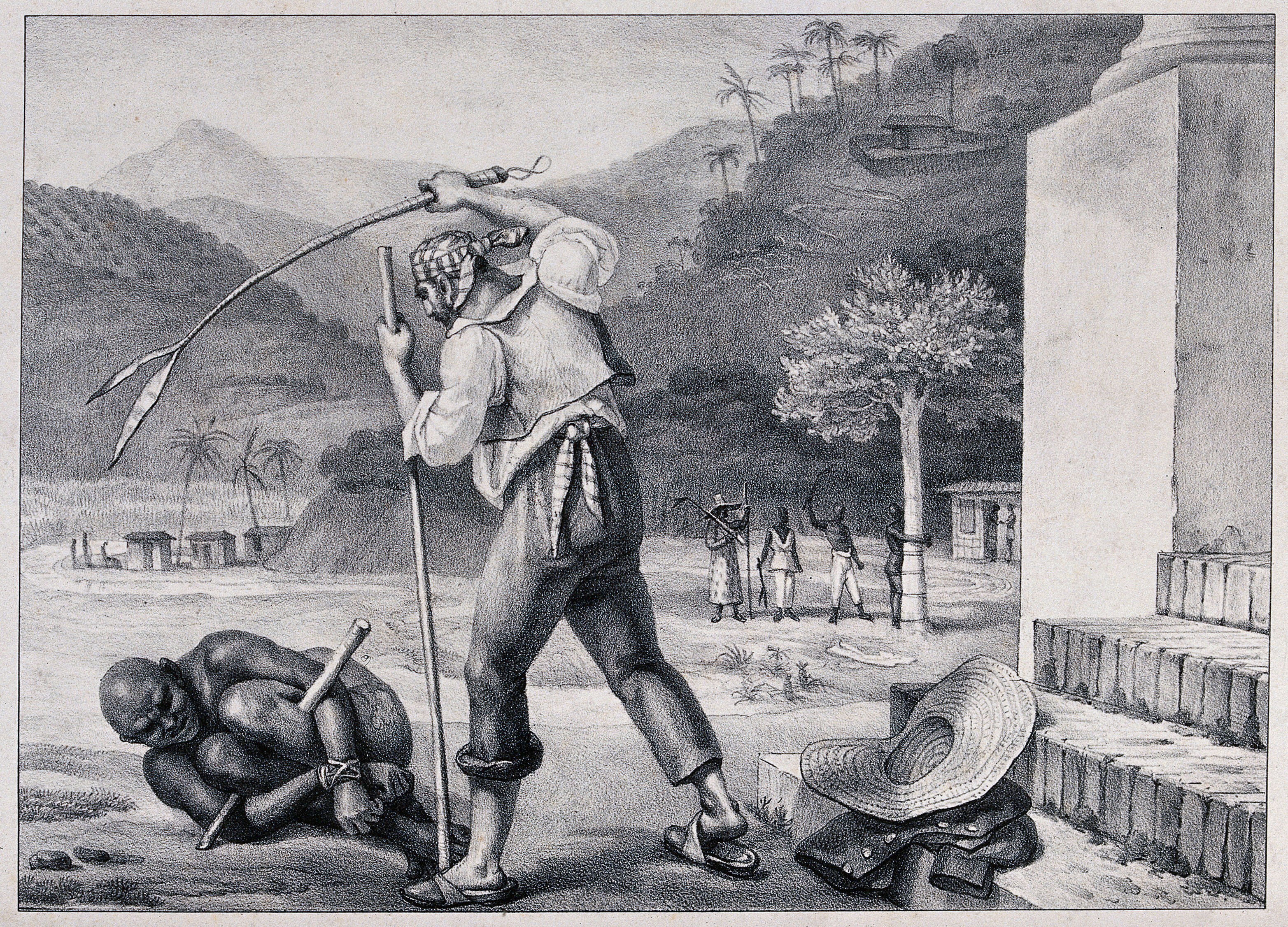 A white man in Brazil whipping a black man who has been tied up and lies  before him on the ground. Chalk lithograph after J.B. Debret.