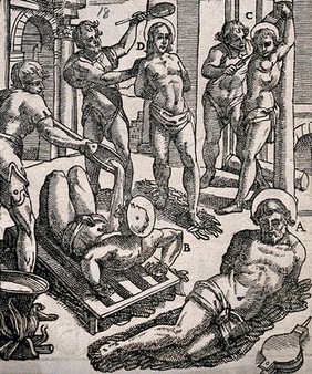 Various methods of torture: one victim is tied to the stake and has pieces of flesh torn out of its side with pliers, while another is tied to the rack and has hot fluids poured on him, while yet another victim has to walk over nails. Woodcut.