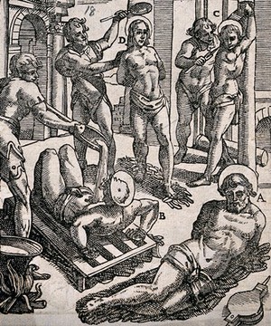 view Various methods of torture: one victim is tied to the stake and has pieces of flesh torn out of its side with pliers, while another is tied to the rack and has hot fluids poured on him, while yet another victim has to walk over nails. Woodcut.