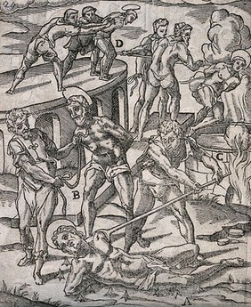 Various forms of torture: victims are shown to be pushed of a platform to plunge into death, or shoved into a cauldron filled with boiling water, or pressed with their bodies onto nails on the ground. Woodcut.