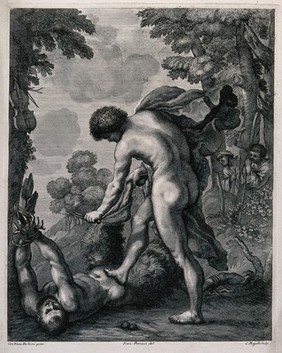 Apollo flaying Marsyas. Line engraving with etching by C. Mogalli after F. Petrucci after G.F. Barbieri, il Guercino.