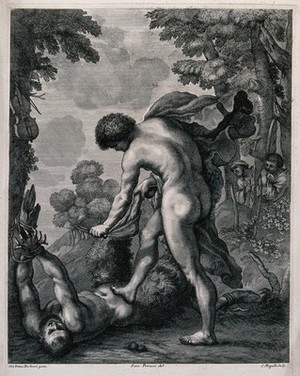 view Apollo flaying Marsyas. Line engraving with etching by C. Mogalli after F. Petrucci after G.F. Barbieri, il Guercino.