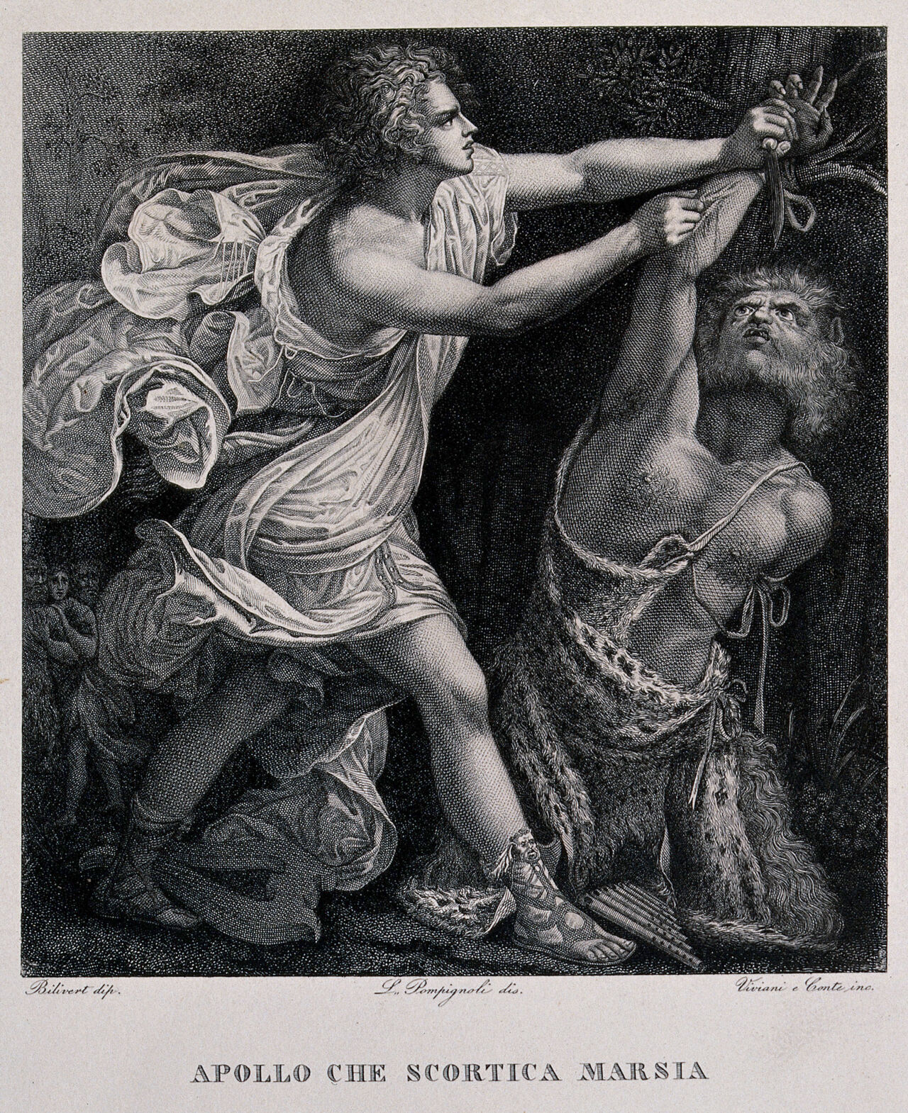 Apollo flaying Marsyas. Line engraving with etching by G. Viviani and A. Conte after L. Pompignoli after G. Biliverti., by Giovanni Biliverti