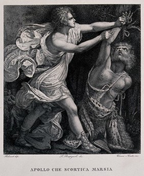 Apollo flaying Marsyas. Line engraving with etching by G. Viviani and A. Conte after L. Pompignoli after G. Biliverti.