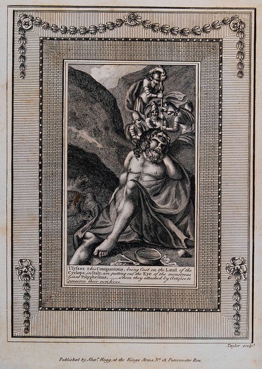 Odysseus and his men blinding the cyclop Polyphemus with a sharpened stake. Etching by Taylor.