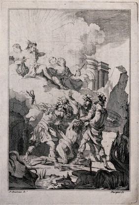 Soldiers attempting to fight off serpents pestering a naked man while the gods look on from the clouds. Etching by J.J. Pasquier after P. Baudouin.
