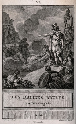 view A Roman soldier is ordering the burning of the druids who are tied to a stake. Etching by F.A. David after C. Monnet.