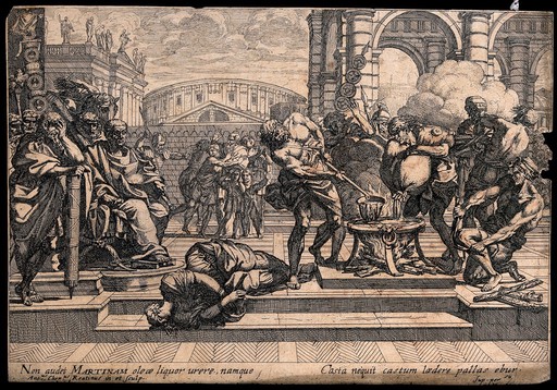 Nero watching the torture of Epickaris, who is lying dead before him while Nero's servants are still boiling oil to continue her torture. Etching by A.C. Reatimus.