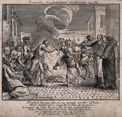 Men with horns and tails dance around the fire they are condemned to be burnt alive on and spit at a prelate standing nearby. Etching.