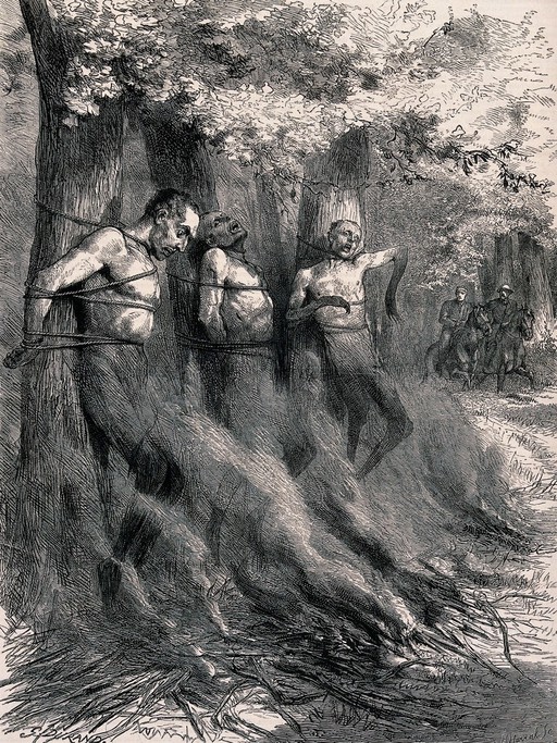Three naked men are tied to trees with a bonfire set alight before them threatening to burn or asphyxiate them. Wood engraving by H. Harral after G. Durand.