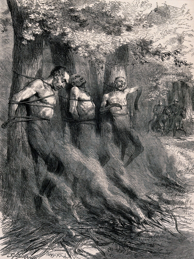 Three naked men are tied to trees with a bonfire set alight before them threatening to burn or asphyxiate them. Wood engraving by Horace Harral after Godefroy Durand., by Godefroy Durand