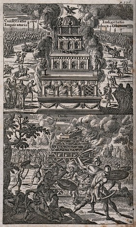 Above, a palatial funeral pyre is set on fire; below, Roman soldiers staging a fight with swords before a funeral pyre with a body layed out in state. Etching with engraving.