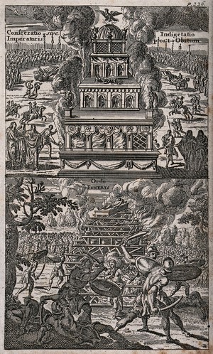 view Above, a palatial funeral pyre is set on fire; below, Roman soldiers staging a fight with swords before a funeral pyre with a body layed out in state. Etching with engraving.