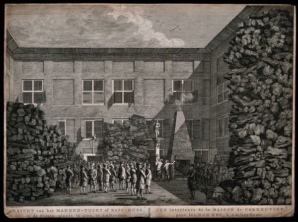A man is scourged in the backyard of a house of correction in Amsterdam with a crowd of inmates looking on. Etching by H. Schouten.