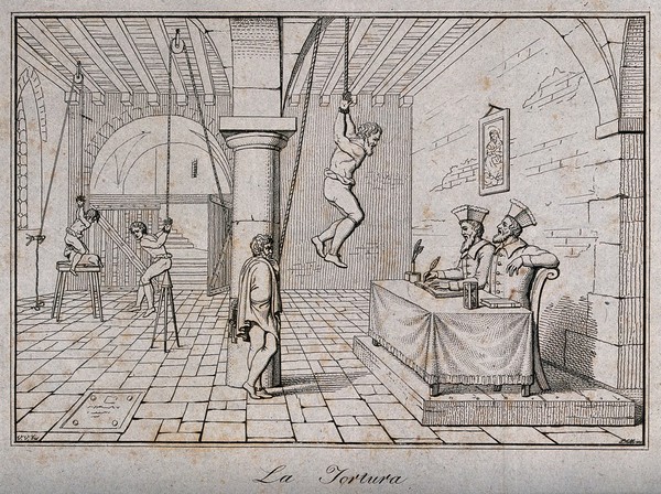 A torture chamber where one victim is tied up and suspended from a pulley while being interrogated by two scribes, while another victim is suspended from the ceiling and lowered onto a spike with his rectum. Etching by L.M. after V.V.