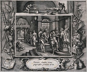 view A gaoler receives money for releasing a prisoner from a torture chamber. Engraving by A.C. after M. de Vos.