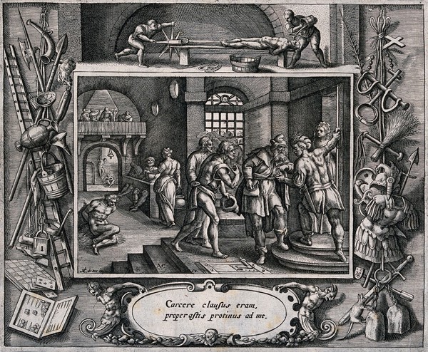 A gaoler receives money for releasing a prisoner from a torture chamber. Engraving by A.C. after M. de Vos.