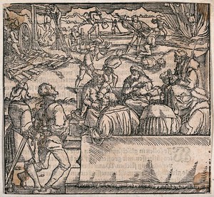 view A man is led in chains before a jury while various forms of torture are enacted in the background, such as burning, hammering to death, breaking on the wheel and hanging. Woodcut.