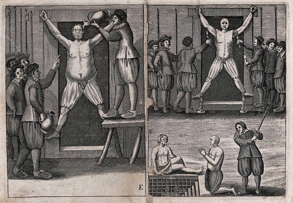 Left, a man suffers the "torture of water"; left, a man tied to a rack has his armpits and the soles of his feet scorched by candles. Etching.