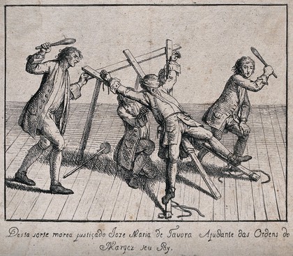 Joze Maria de Távora tied to a rack and beaten with cudgels. Etching, ca. 1760.