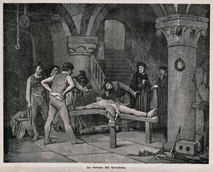 view A man dressed in a loincloth is tortured on the rack with a priest bending over him to extract a confession. Wood engraving by B. Pug after J.M.