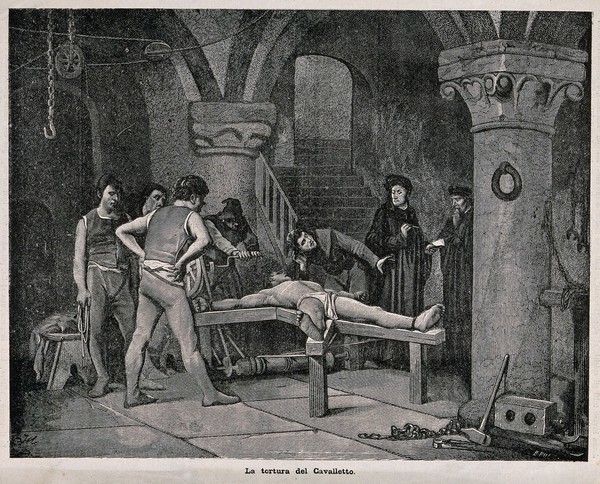 A man dressed in a loincloth is tortured on the rack with a priest bending over him to extract a confession. Wood engraving by B. Pug after J.M.
