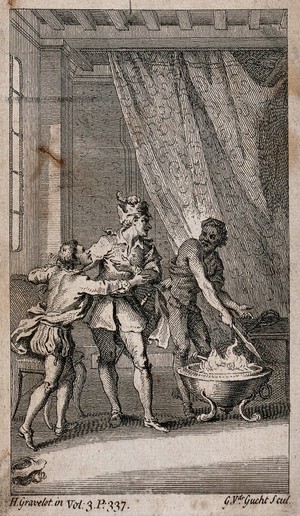 view A bedchamber with a man about to be blinded: a fire blazes in a cauldron and a man holds his spear in the fire while another man is restrained. Etching by G. van der Gucht after H. Gravelot.