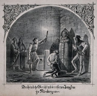 A man is forced to kneel before an "iron maiden" in a dungeon in Nuremberg. Lithograph by F. Perlberg, 1863.